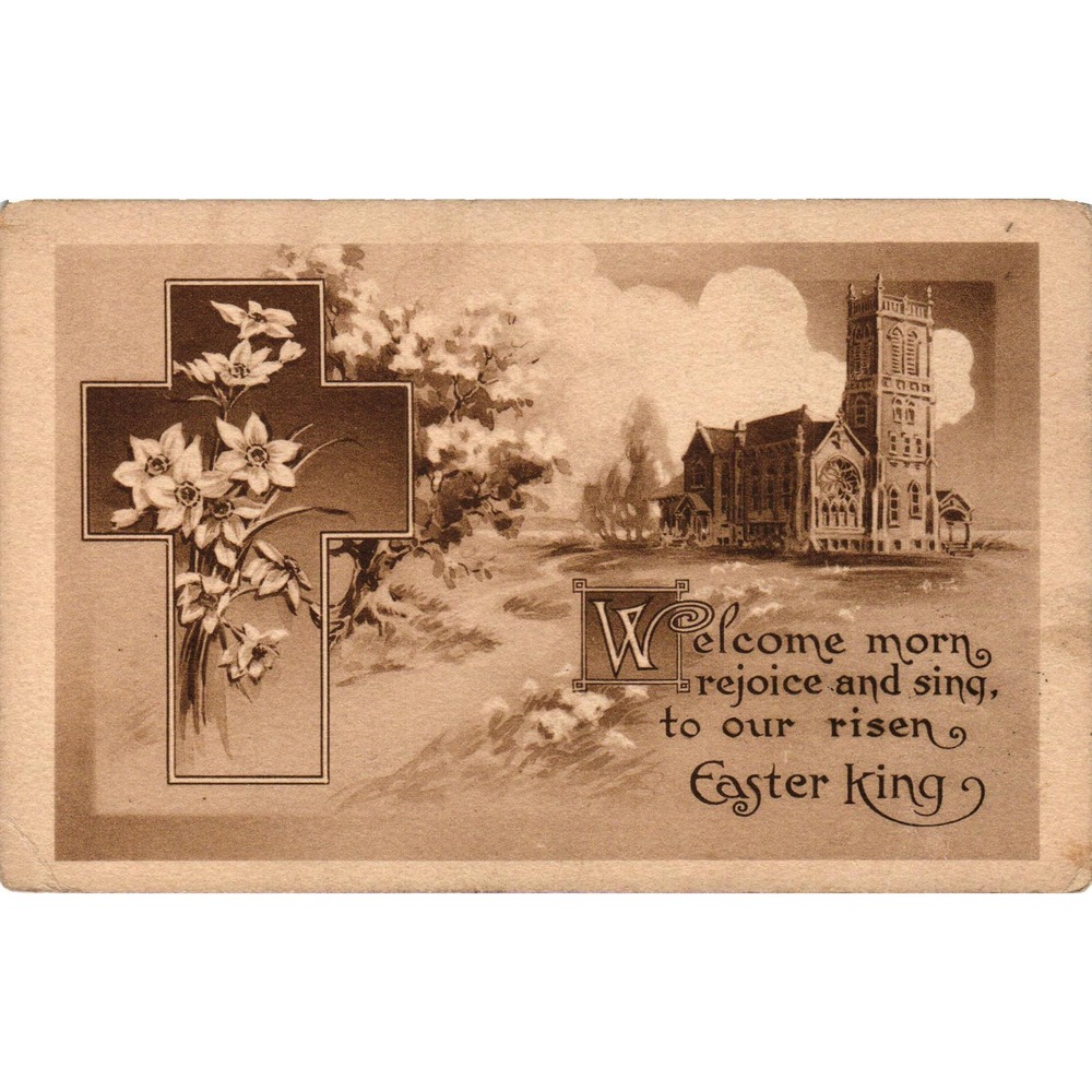 Vintage Easter King Postcard Sepia Church Cross Flowers Union City Indiana